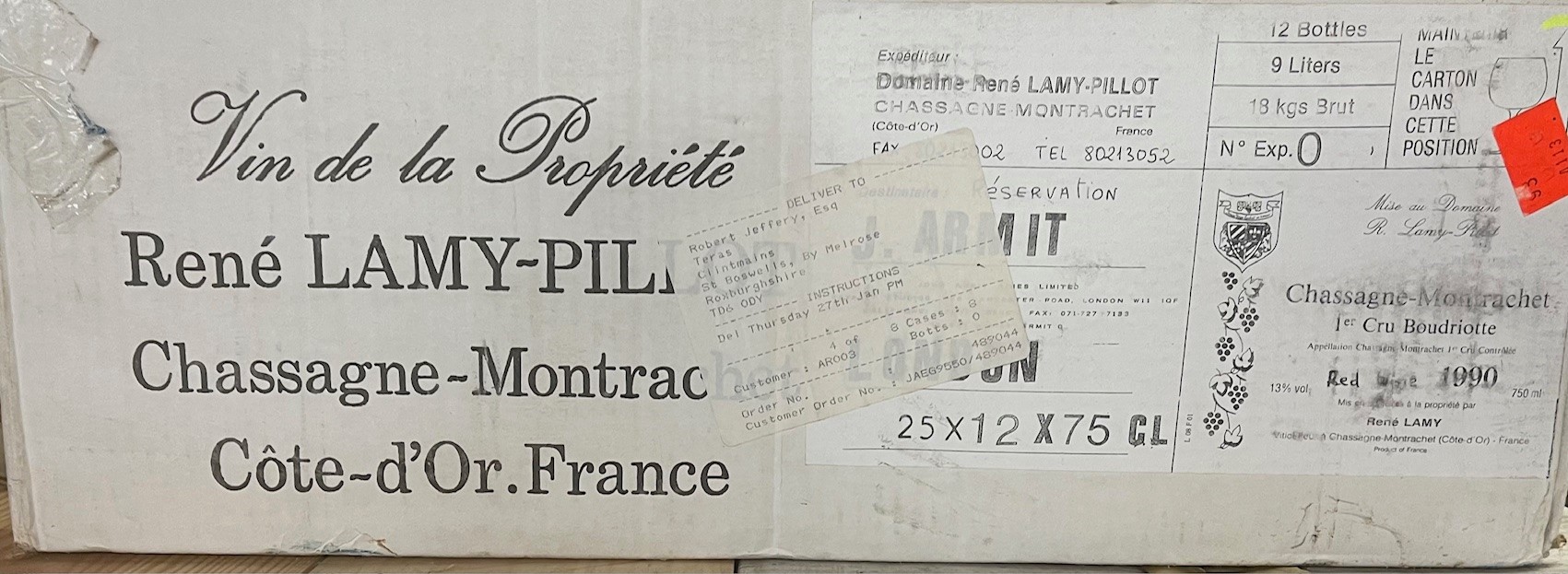 A case of  12 bottles of Chassagne Montrachet  Red wine  1990