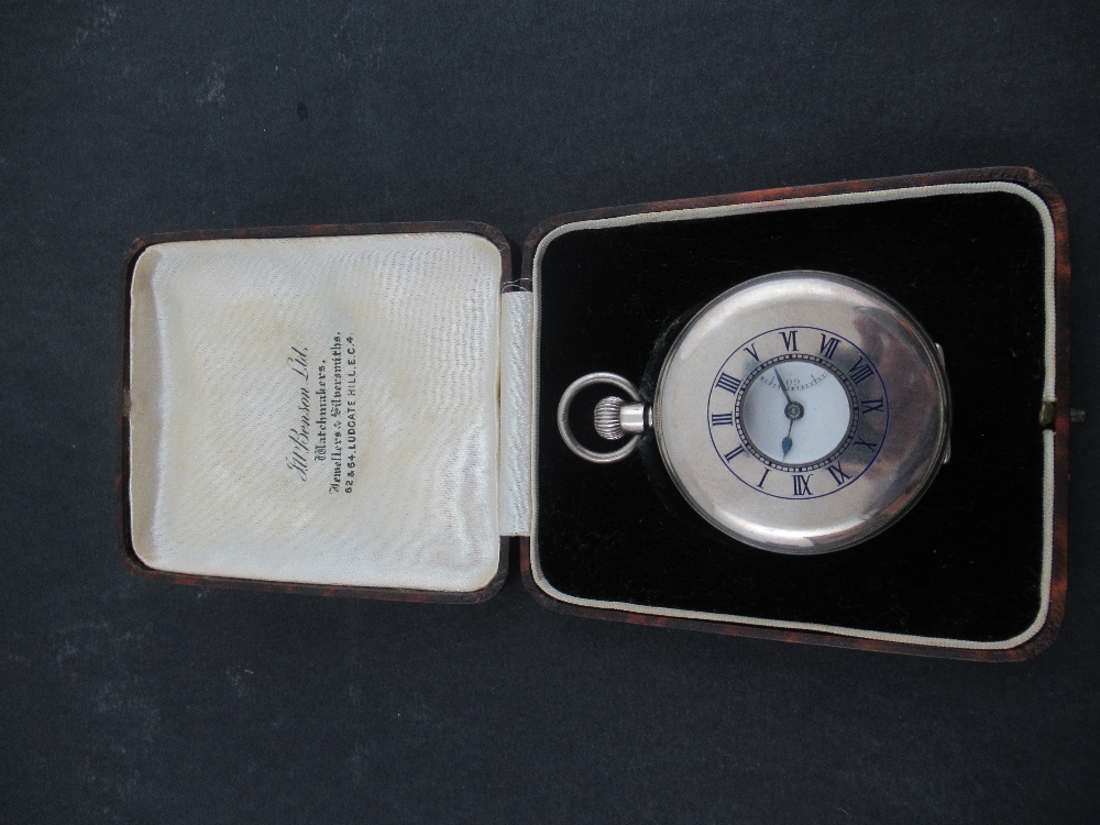 A J.W.Benson silver half hunter pocket watch, London 1939, with blue enamel chapter ring, Roman