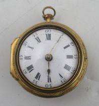 An 18th century gilt metal pair cased pocket watch, the outer case embossed with figures and