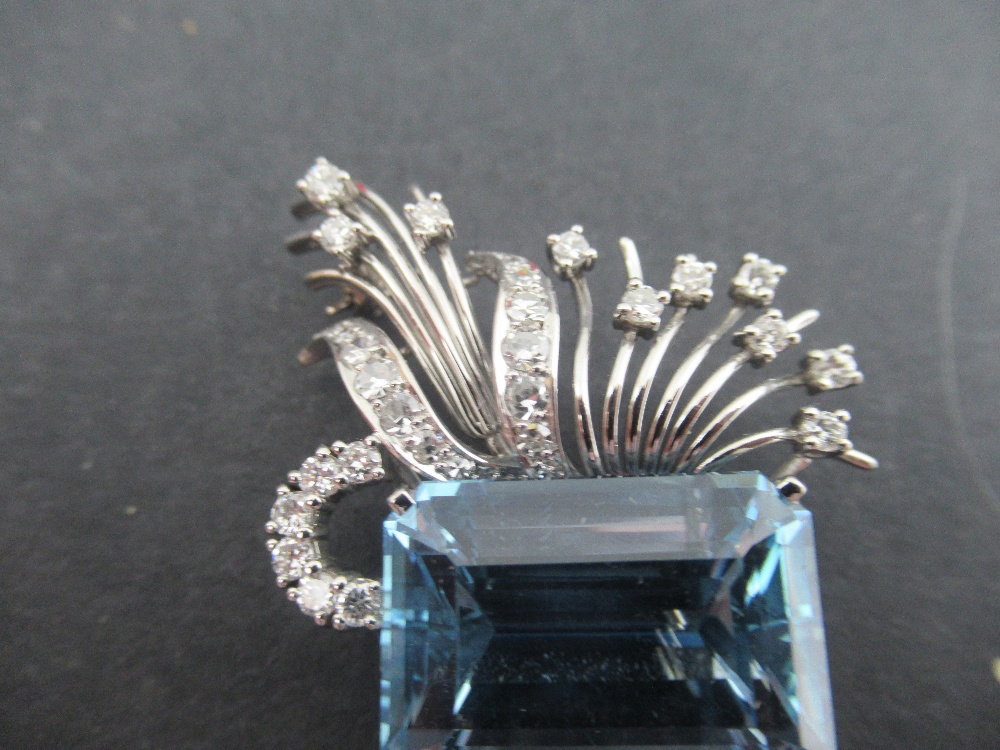 A white gold aquamarine and diamond asymmetric brooch, claw set emerald cut aquamarine, with fan - Image 2 of 5