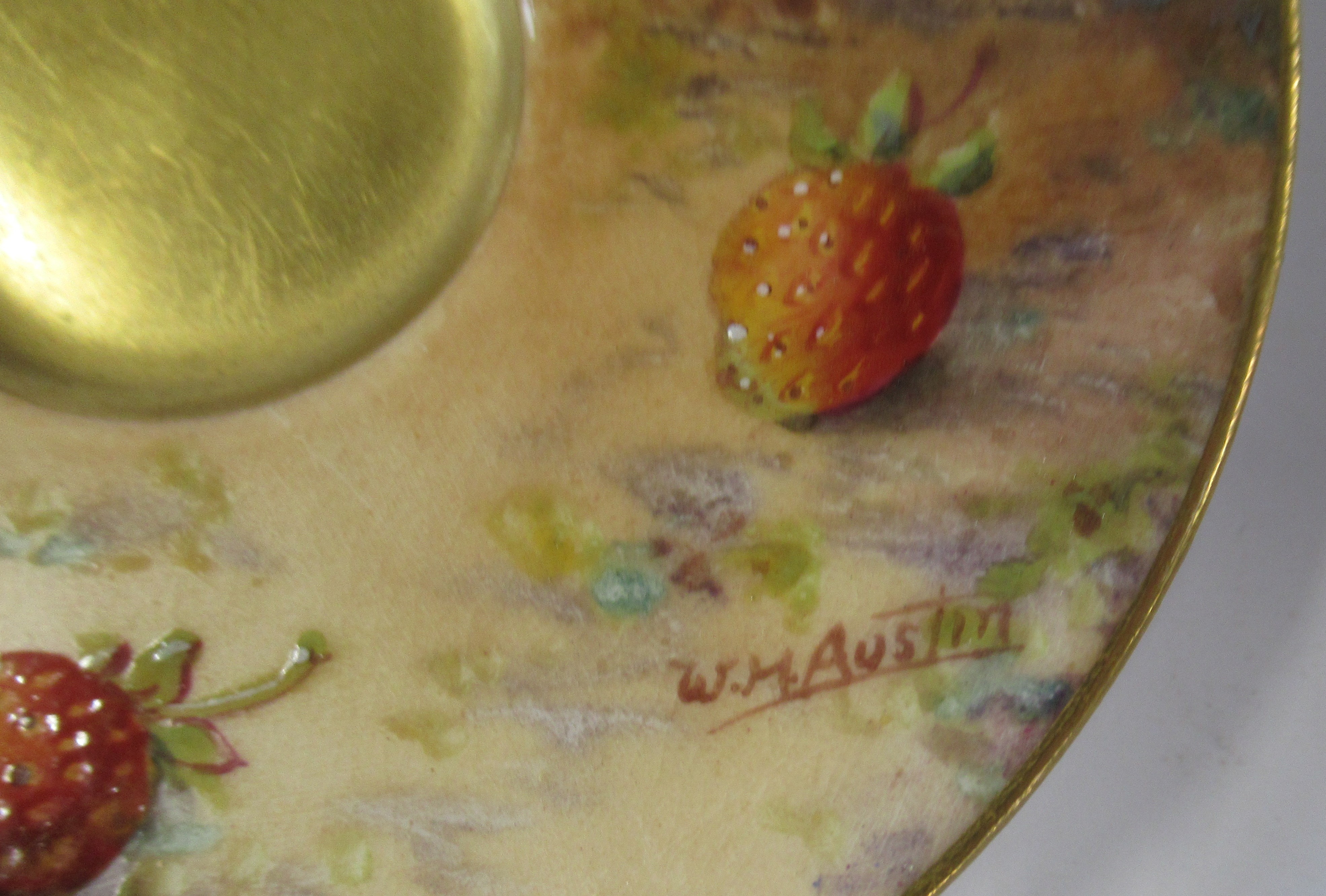 A Royal Worcester cabinet cup and saucer, decorated with fruit to a mossy background, the cup by E - Image 3 of 8