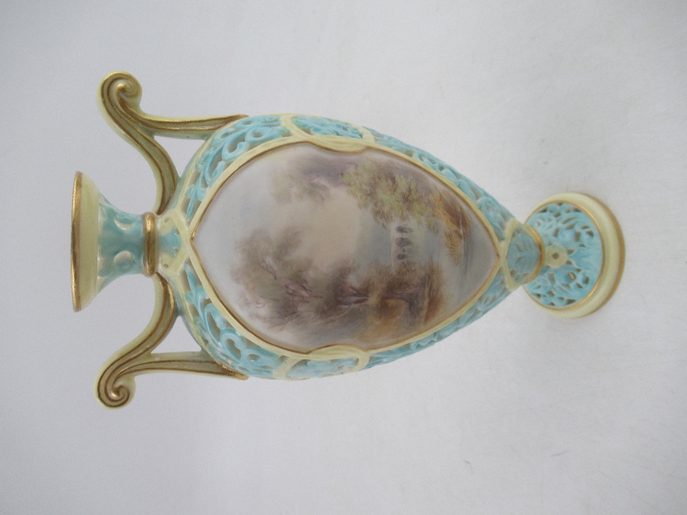 A Grainger's  Worcester turquoise pierced vase with reserved landscape panels, height 7.5ins - Image 2 of 7