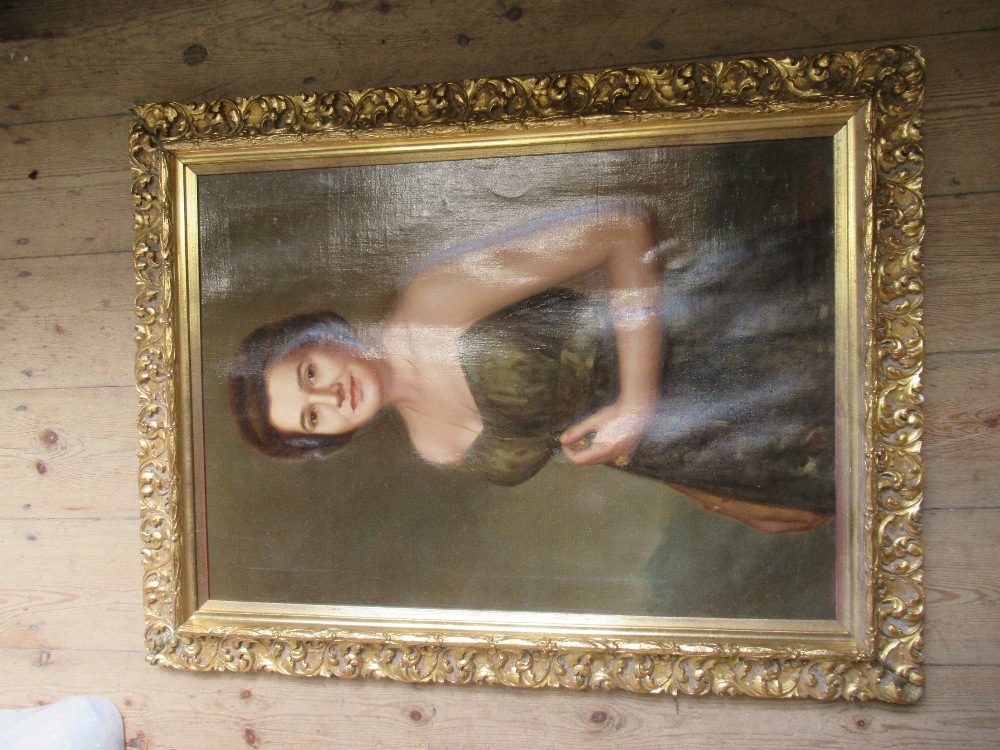 A 20th century English school oil on canvas portrait of a lady wearing a ball gown indistinctly