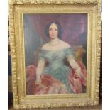 A 19th century oil on canvas, portrait of a woman in turquoise dress, indistinctly signed, 37ins x