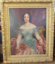 A 19th century oil on canvas, portrait of a woman in turquoise dress, indistinctly signed, 37ins x