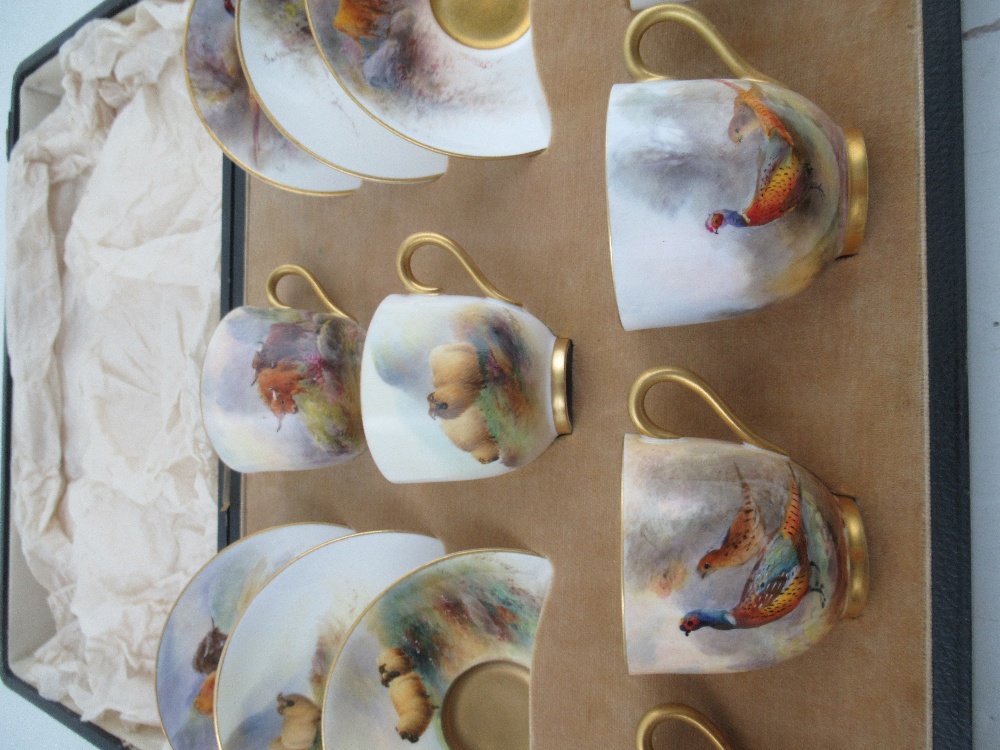 A cased set of 6 Royal Worcester cups and saucers , two decorated with sheep by Barker, 2 - Image 3 of 10