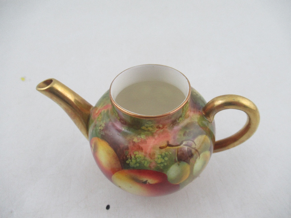 A Royal Worcester miniature teapot decorated with hand painted fruit by Townsend 3.25ins - Image 2 of 4