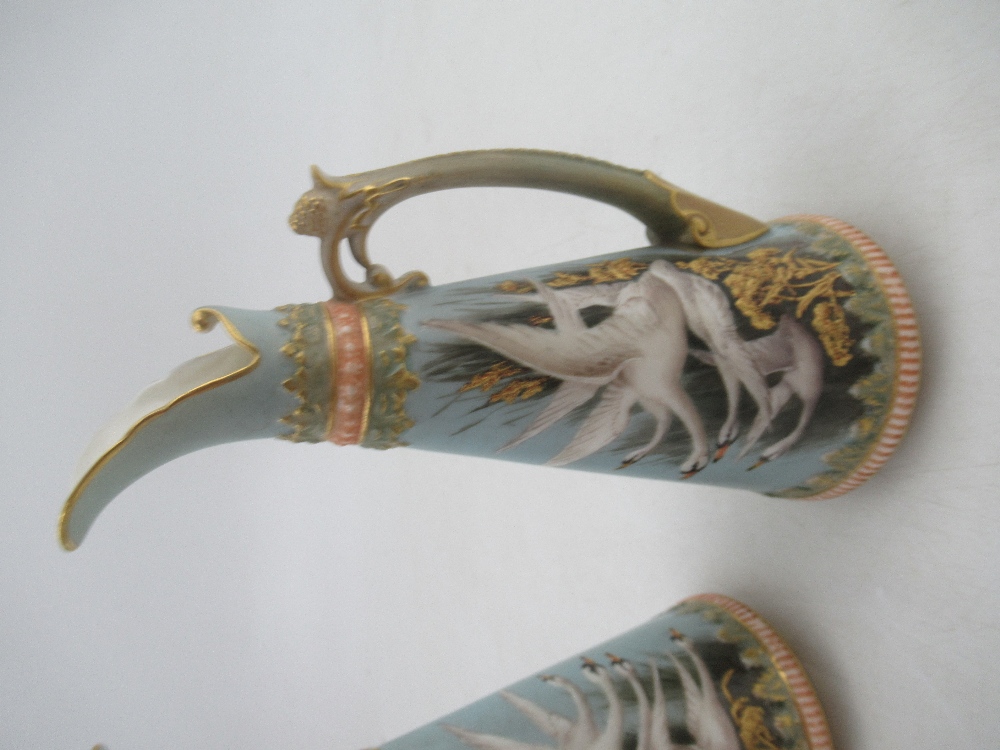 A pair of left and Right Royal Worcester jugs each decorated with four swans on a powder blue ground - Image 5 of 8