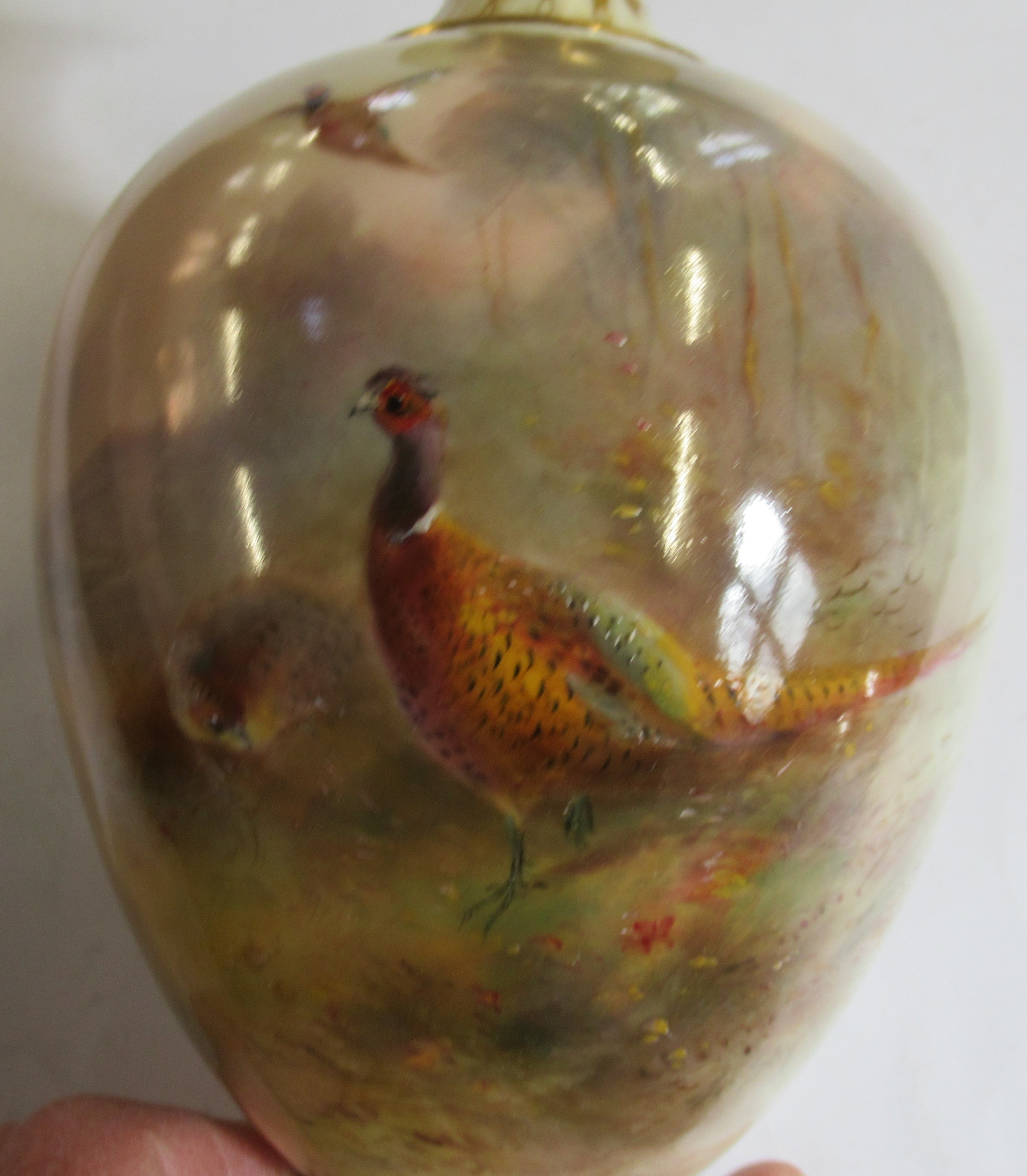 A Royal Worcester pedestal vase, decorated with pheasants in landscape by Jas Stinton, height 7ins - Image 2 of 5