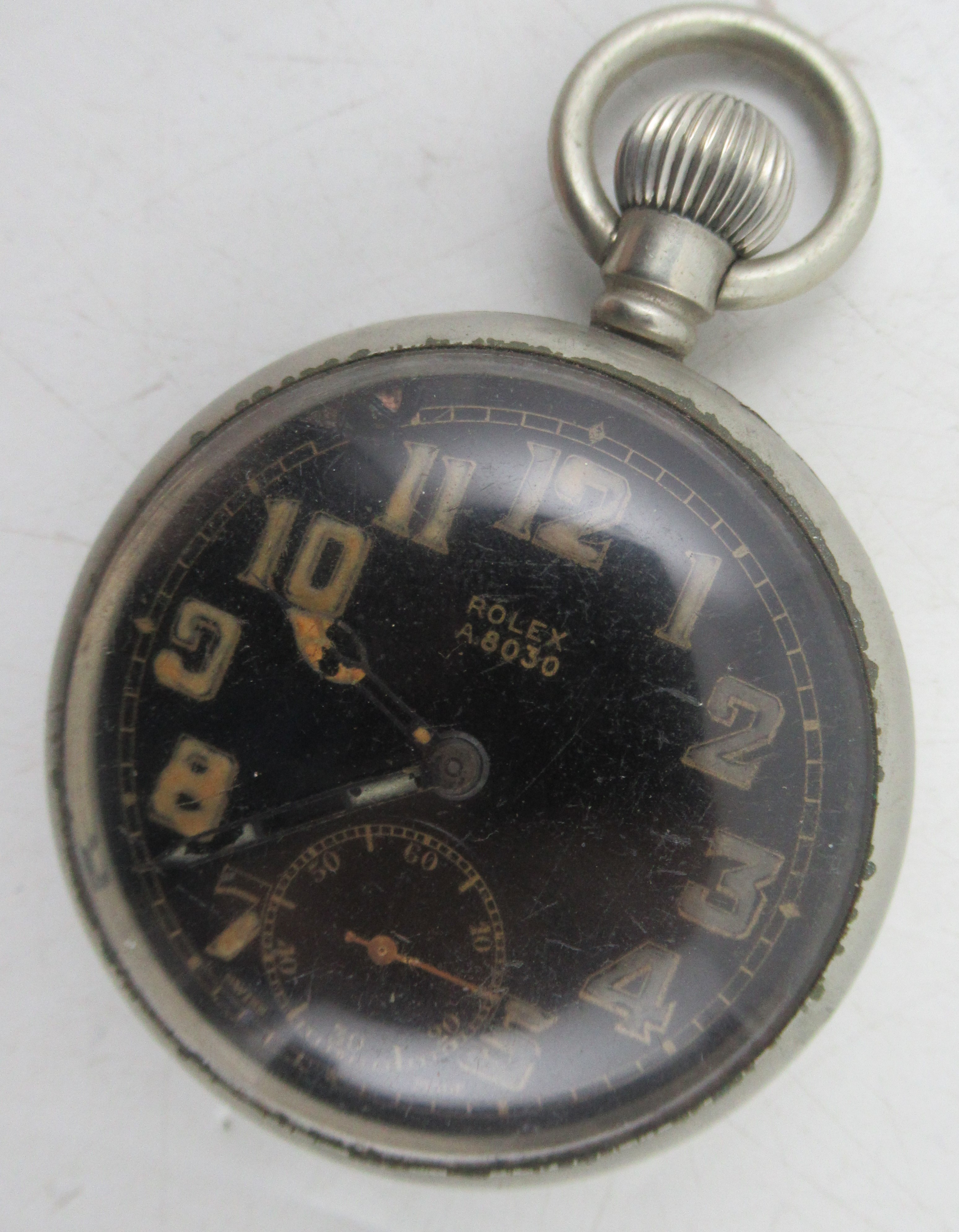 A Rolex military issue open face pocket watch, the black dial numbered A8030, the plated case - Image 2 of 3