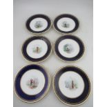 Six Grainger Worcester plates decorated with central panels of figures in a landscape to a deep blue