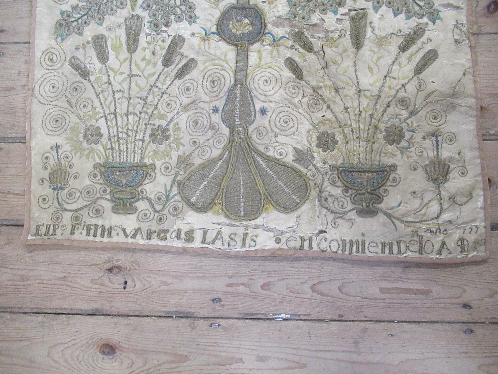 A square antique needlework panel, a central sunburst motif with cross over with further - Image 3 of 6