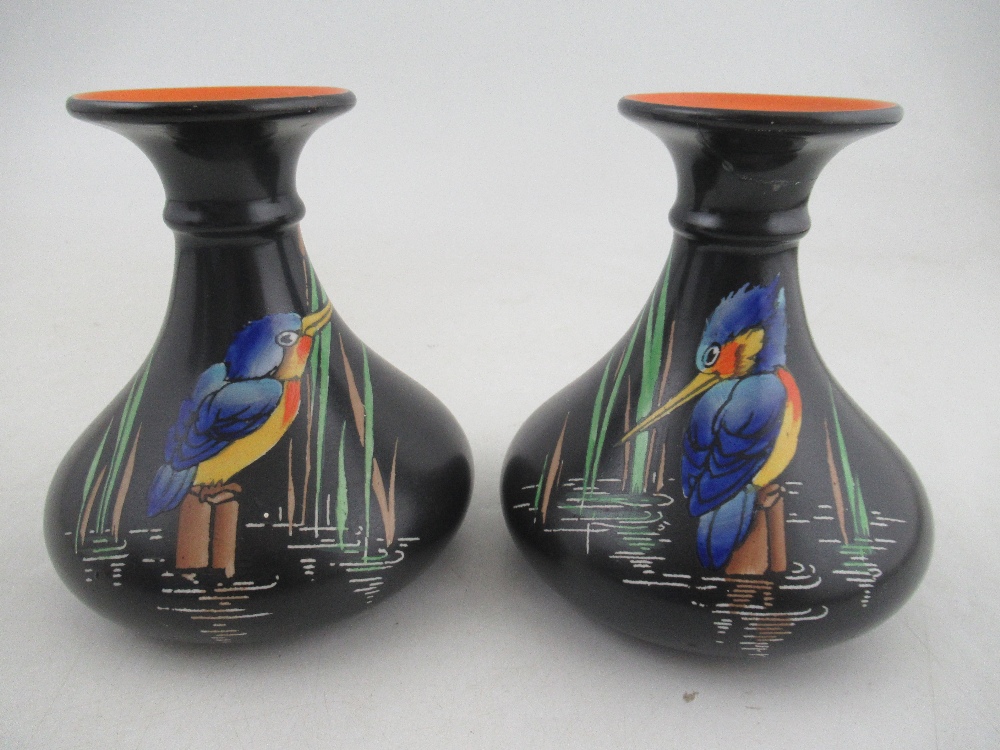 A pair of Shelley vases, decorated with kingfishers to a black ground, height 5ins, together with - Image 7 of 10