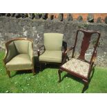 An Edwardian tub chair, with inlaid decoration, together with two armchairs