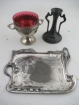 An Art Nouveau silver plated tray, embossed with a girl, 10.5ins x 8ins, together with a WMF