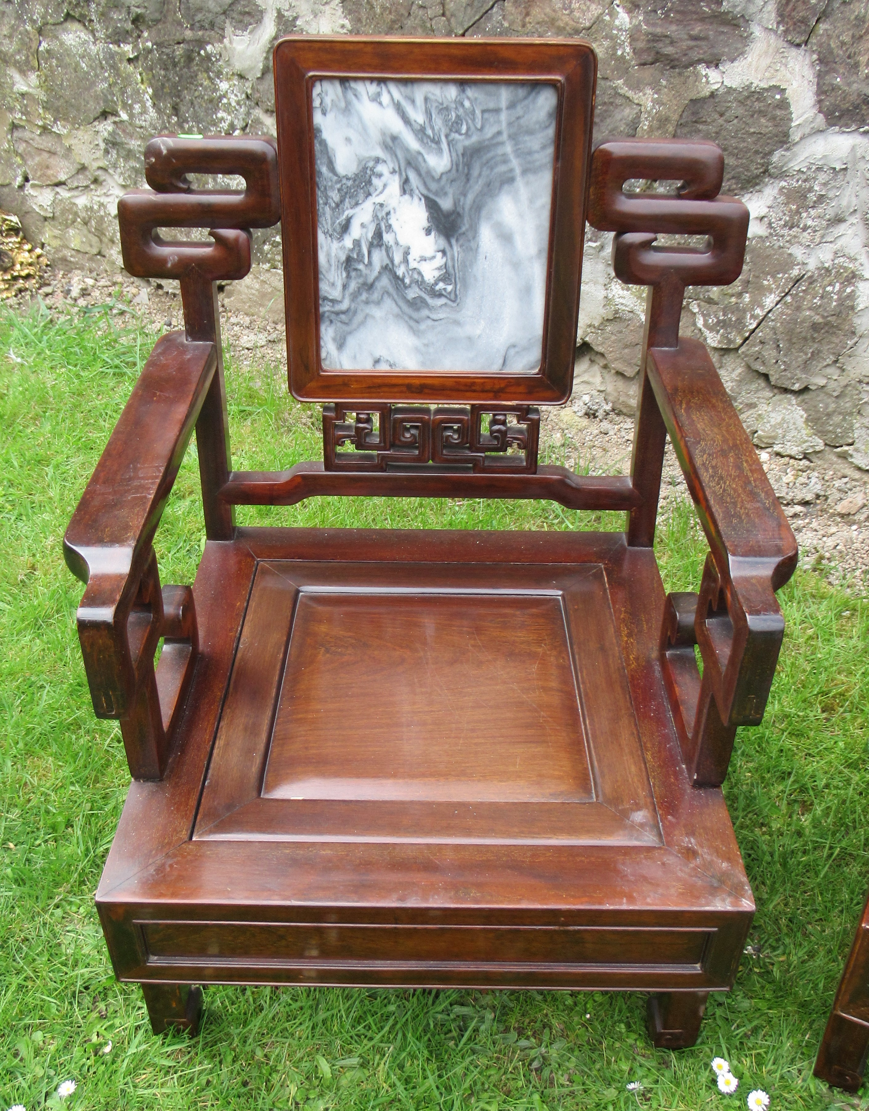 A Chinese hardwood three piece suite, with marble insets, the settee width 69ins - Image 2 of 4