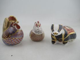 A Royal Crown Derby Badger, Cockerel and a hen