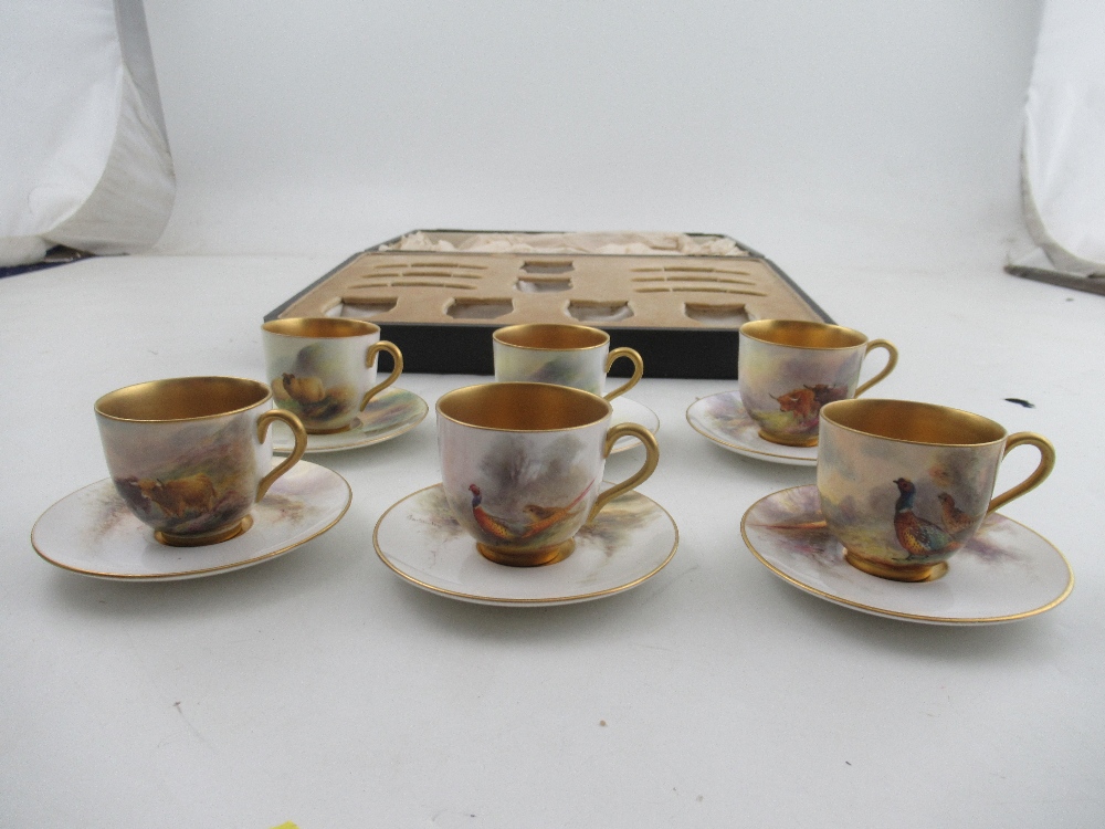 A cased set of 6 Royal Worcester cups and saucers , two decorated with sheep by Barker, 2 - Image 5 of 10