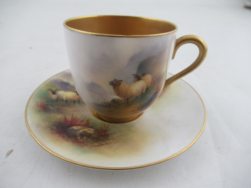 A Royal Worcester coffee cup and saucer decorated with cattle by H Stinton together with a coffee - Image 2 of 9