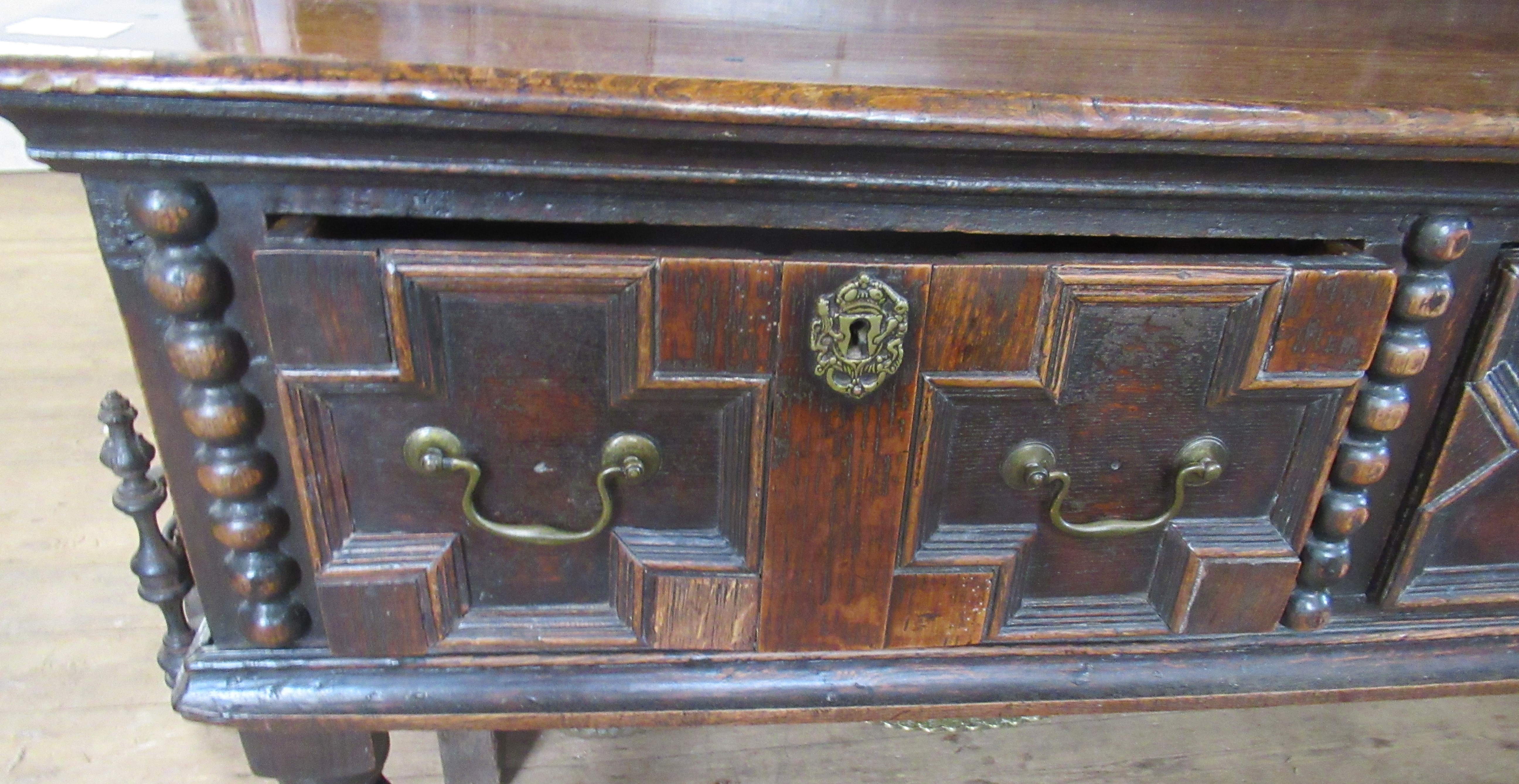 An Antique oak dresser, with boarded plate rack over, the base having moulded drawer fronts, width - Image 2 of 8