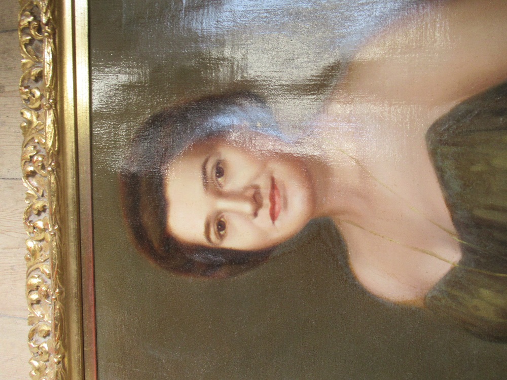 A 20th century English school oil on canvas portrait of a lady wearing a ball gown indistinctly - Image 2 of 5