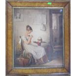 A 19th century watercolour, seated girl sewing, 16.5ins x 14ins, together with another 19th