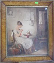 A 19th century watercolour, seated girl sewing, 16.5ins x 14ins, together with another 19th