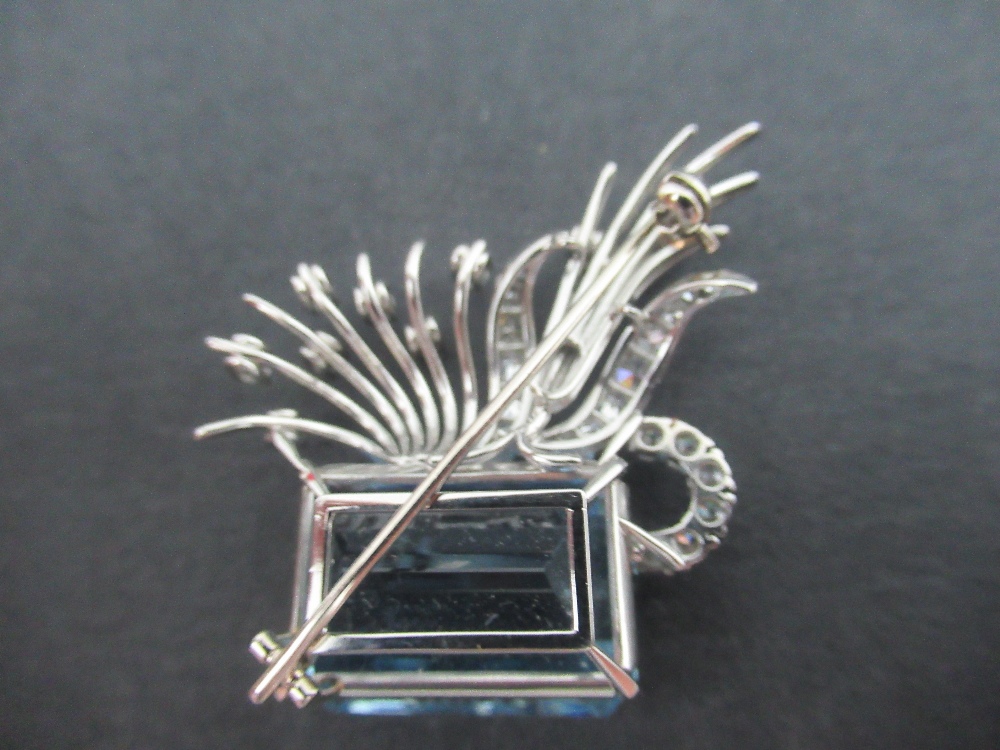 A white gold aquamarine and diamond asymmetric brooch, claw set emerald cut aquamarine, with fan - Image 3 of 5