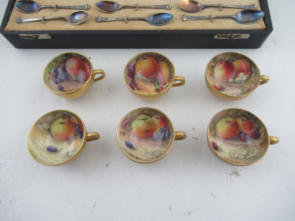 A Royal Worcester cased set of 6 miniature tea cups and saucers decorated with hand painted fruit - Image 11 of 13