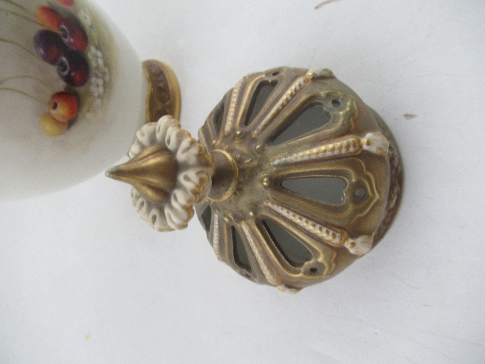 A Royal Worcester crown top pot pourri decorated half round with hand painted fruit by Ricketts, - Image 5 of 9