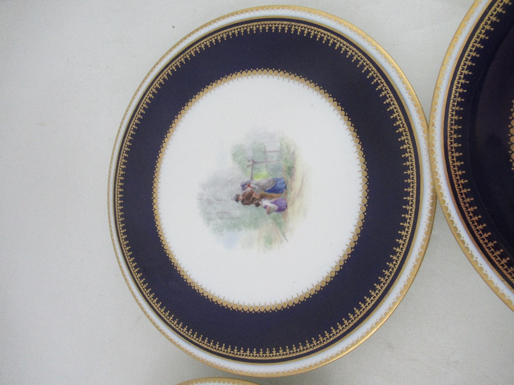 Six Grainger Worcester plates decorated with central panels of figures in a landscape to a deep blue - Image 4 of 9