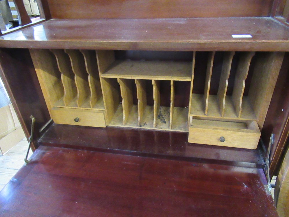 An Edwardian narrow bureau, with cross banded decoration, the drop flap revealing drawers and pigeon - Image 4 of 5