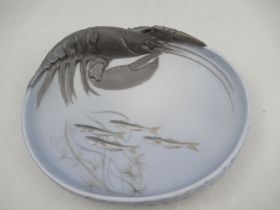 Royal Copenhagen dish with a lobster on the edge and fish in the bowl 11ins No 4/485 made 1023- 1930