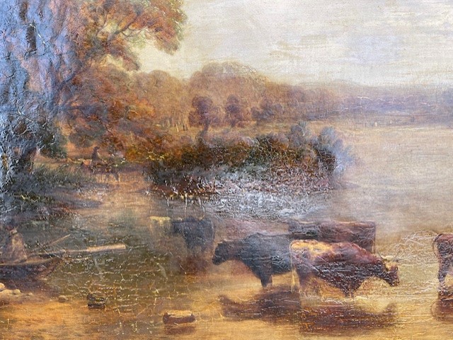 Attributed to Boddington oil on canvas A River Landscape with figures and cattle watering 23ins x
