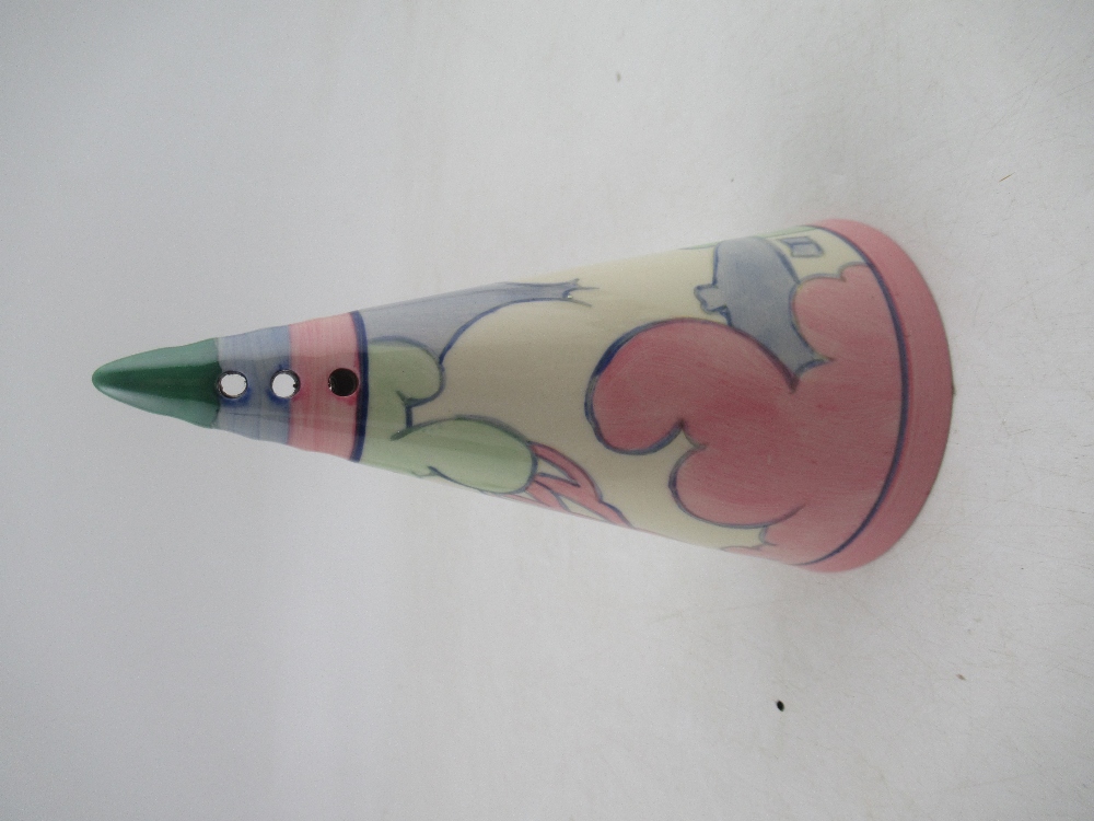 A reproduction Clarice Cliff conical sugar sifter