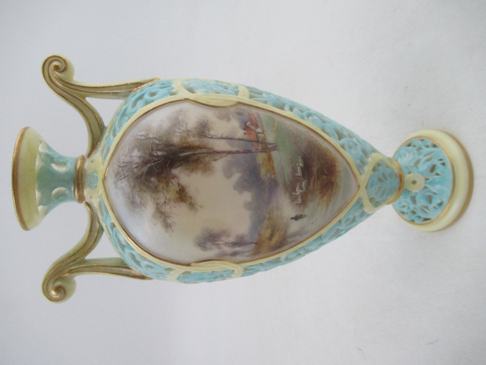 A Grainger's  Worcester turquoise pierced vase with reserved landscape panels, height 7.5ins - Image 4 of 7