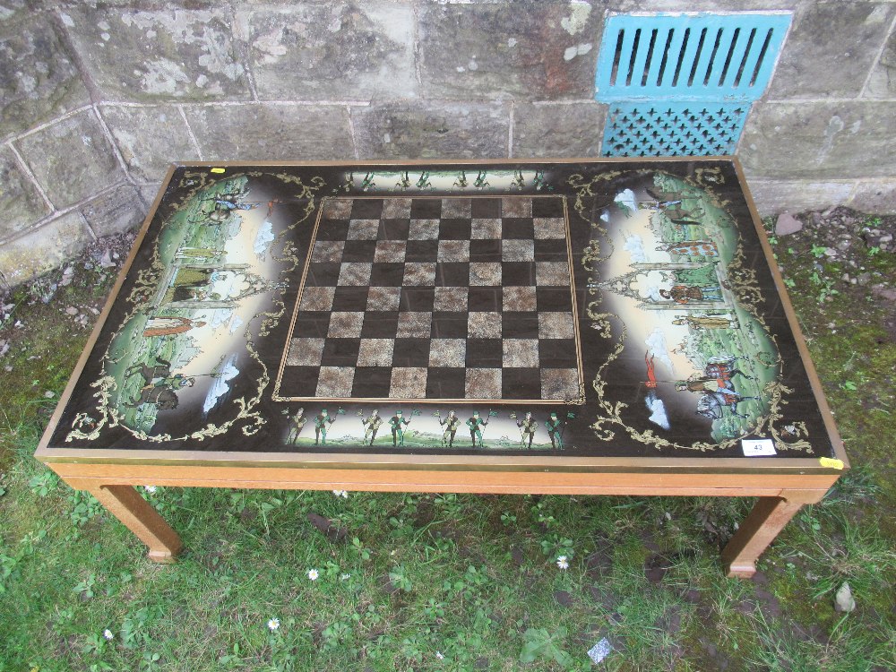 A Barbara Leslie/ Grace Hosking games tables, decorated with figures in period dress around a