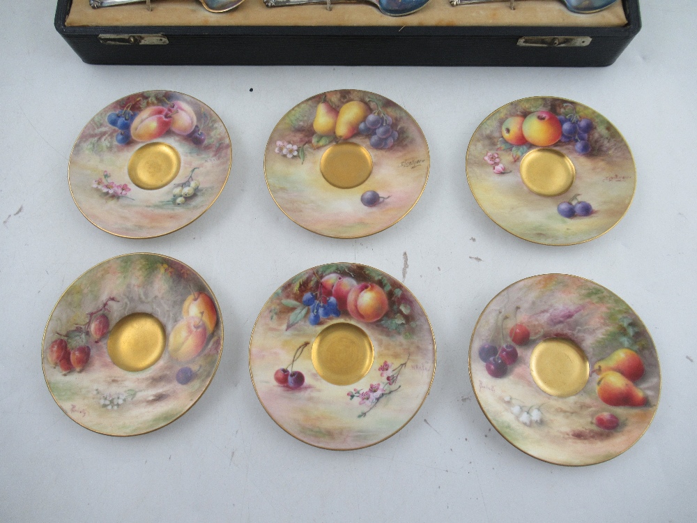 A Royal Worcester cased set of 6 miniature tea cups and saucers decorated with hand painted fruit - Image 3 of 13