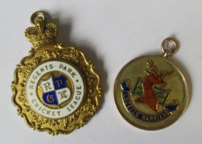 A silver gilt Regents Park Cricket League medal, 1938, together with a Lozells Harriers 9ct gold and