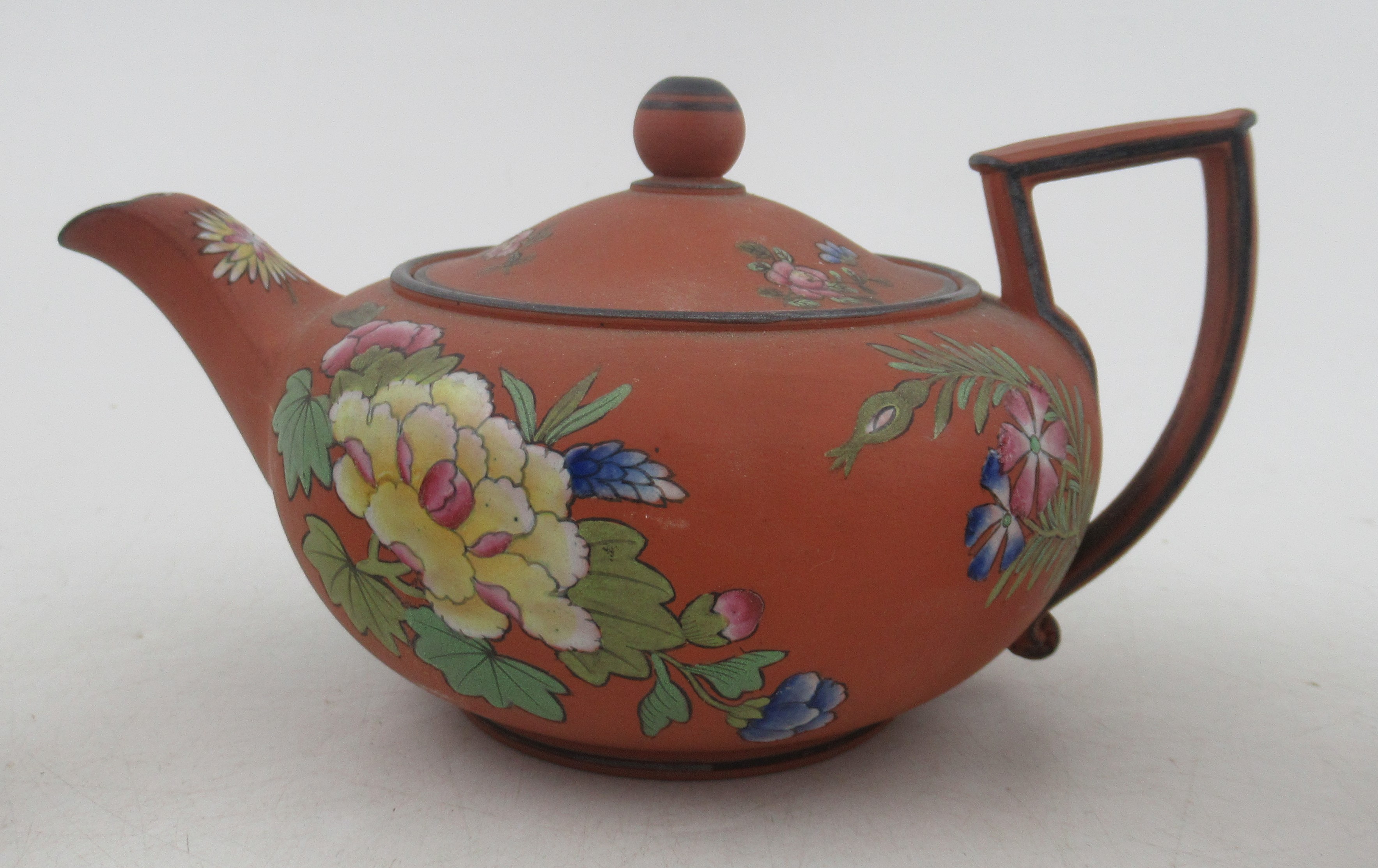 A 19th century Wedgwood terracotta three piece tea set, decorated with flowers Condition Report: All - Image 3 of 4