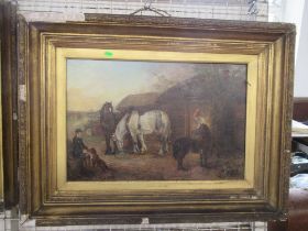 E. F. Holt pair oil on canvas, Horses and  figures with haycart, Horses and figures outside the