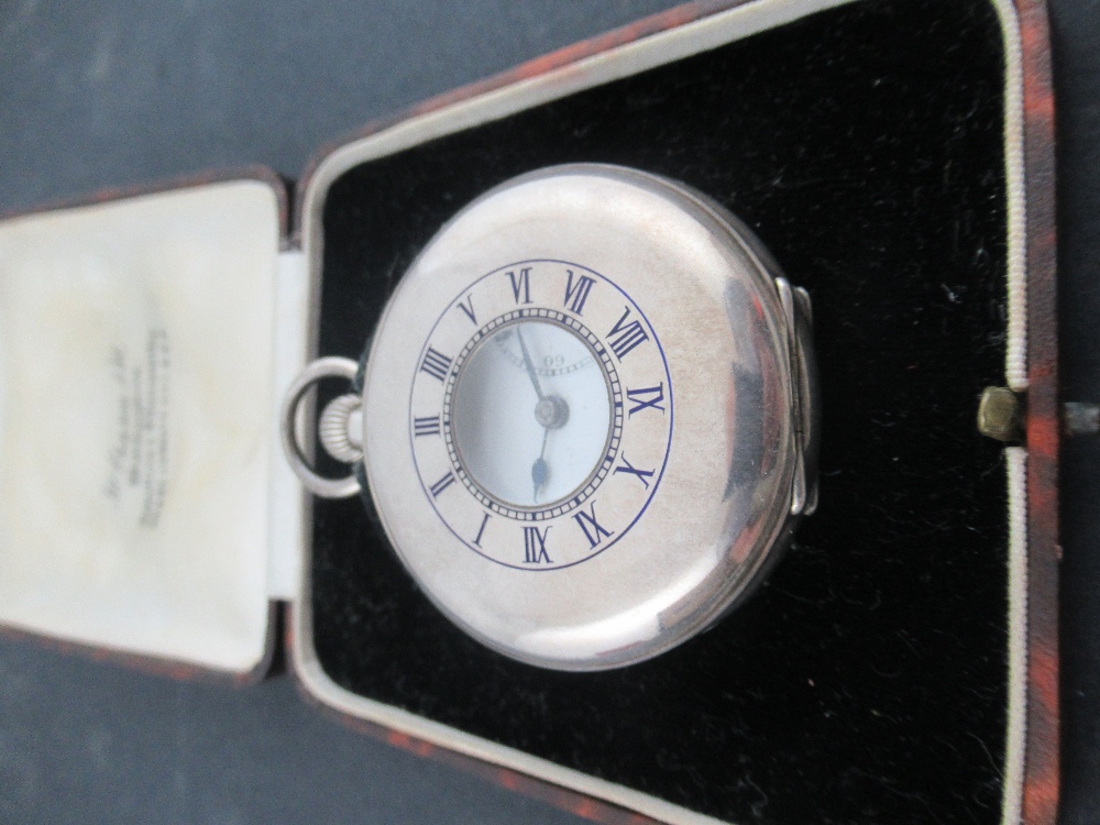 A J.W.Benson silver half hunter pocket watch, London 1939, with blue enamel chapter ring, Roman - Image 2 of 7