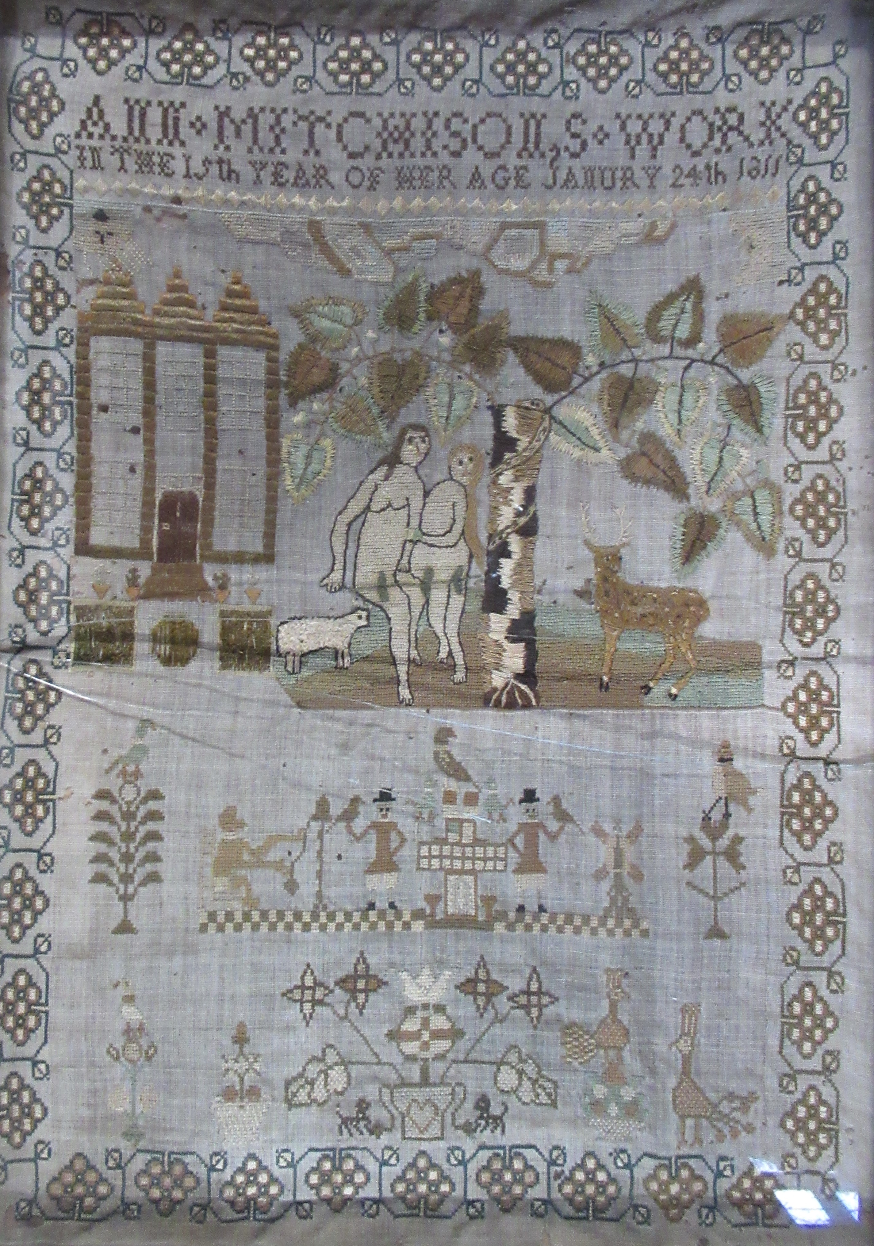 A 19th century tapestry sampler, Ann Mitchison, age 15, depicting Adam and Eve, January 24th 1811, - Bild 2 aus 3