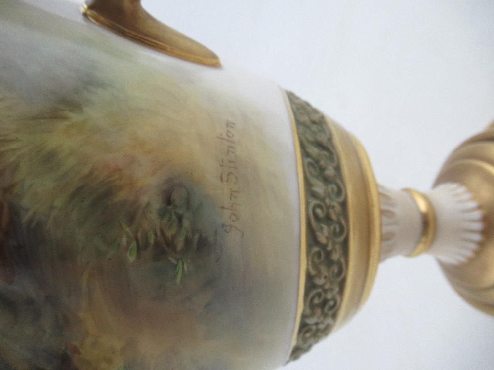 A Royal Worcester covered pedestal vase, decorated with Highland Cattle in landscape to the front - Image 3 of 7