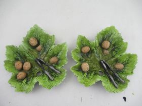 Two Bretby pottery leaf dishes, with moulded decorated of walnuts and nut crackers