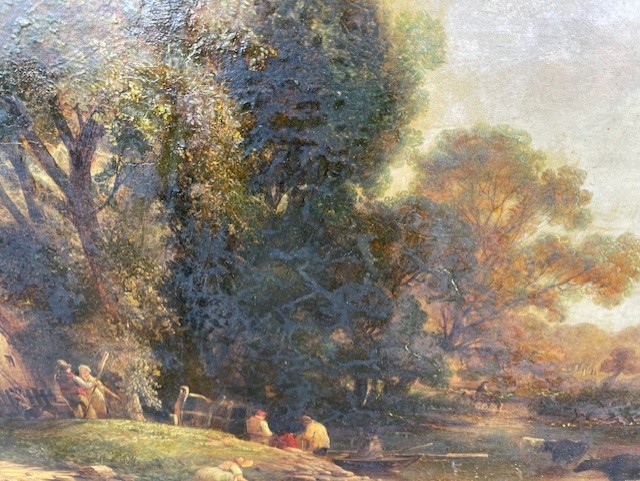 Attributed to Boddington oil on canvas A River Landscape with figures and cattle watering 23ins x - Image 3 of 15