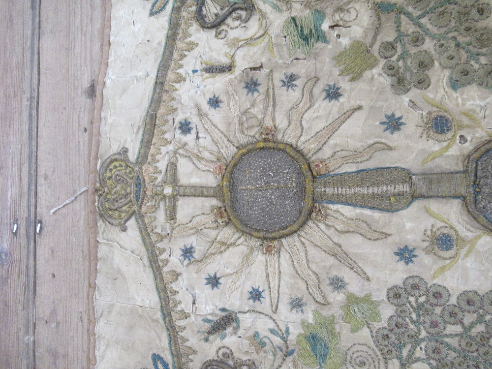 A square antique needlework panel, a central sunburst motif with cross over with further - Image 5 of 6