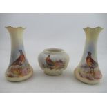 A pair of Locke & Co Worcester blush ivory vases, decorated with pheasants by W Stinton, height 5.
