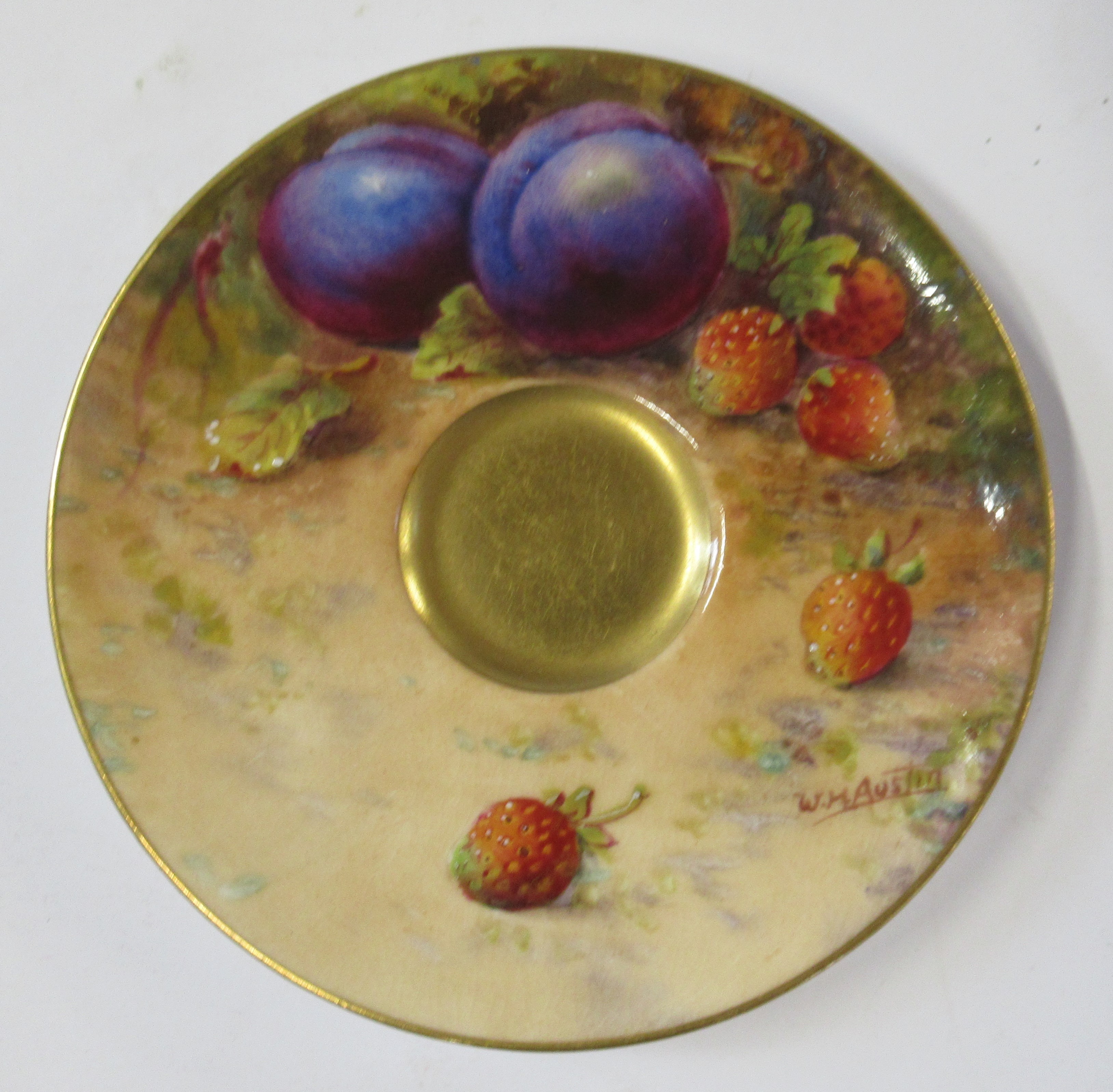A Royal Worcester cabinet cup and saucer, decorated with fruit to a mossy background, the cup by E - Image 2 of 8