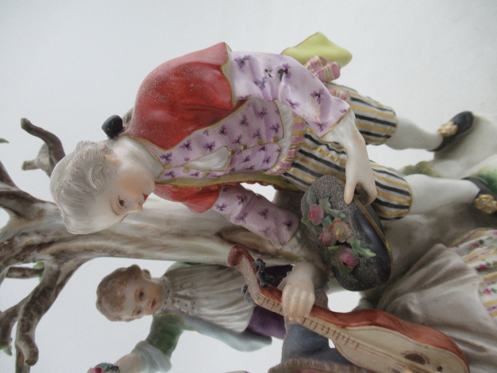 A Meissen porcelain figure group, with a seated lady playing a lute, a man offering flowers in his - Image 3 of 7